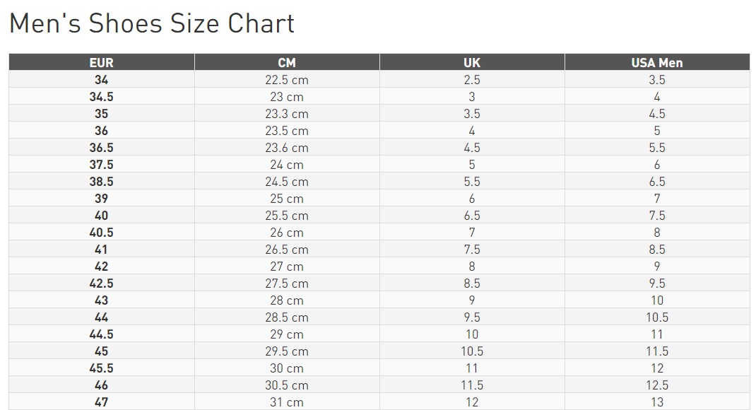 reebok sneakers size chart